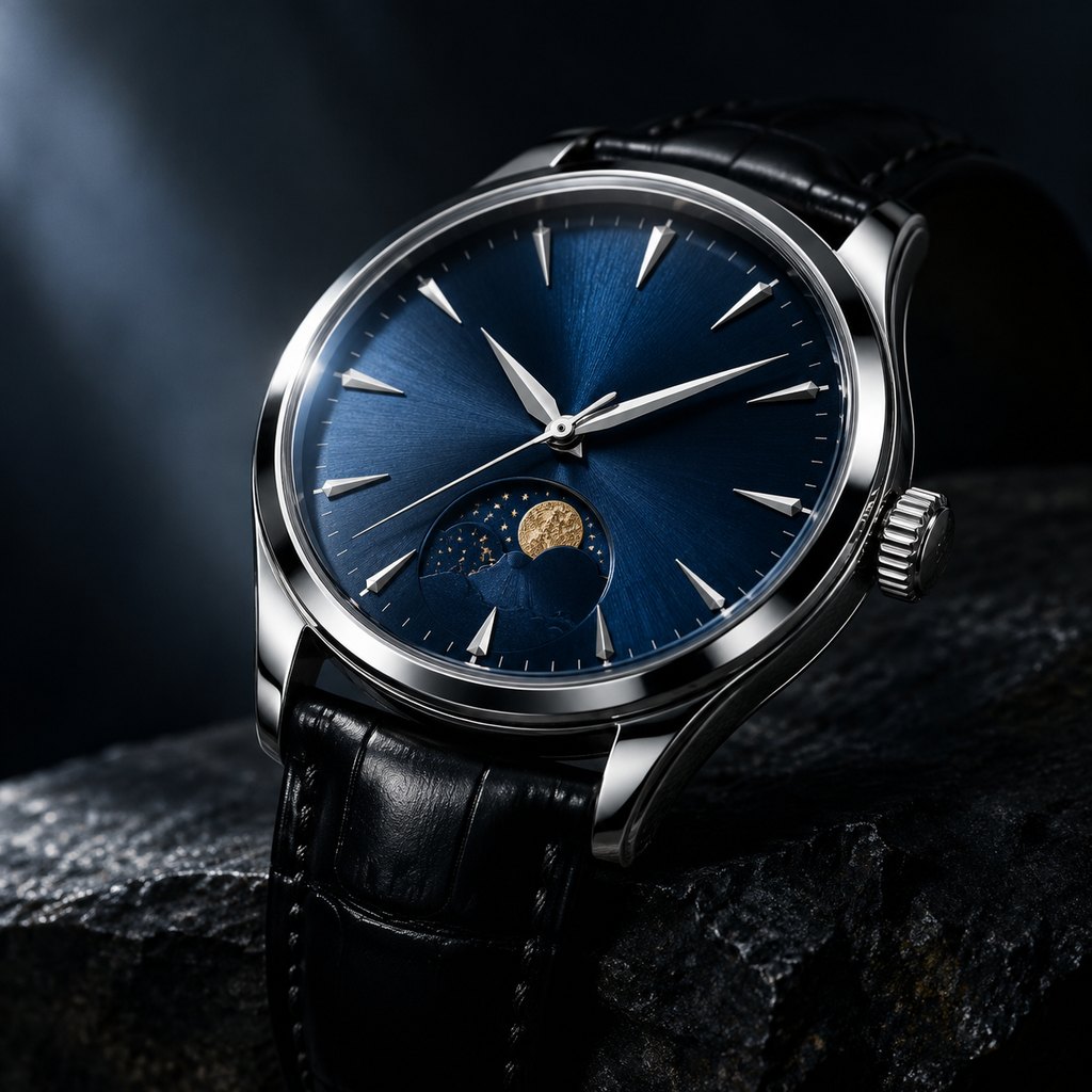 Moon Phase Automatic Mechanical Watch on a dark stone ledge